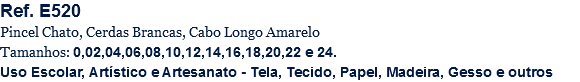 Ref. E520
Pincel Chato, Cerdas Brancas, Cabo Longo Amarelo
Tamanhos: 0,02,04,06,08,10,12,14,16,18,20,22 e 24.
Uso Escolar, Artístico e Artesanato - Tela, Tecido, Papel, Madeira, Gesso e outros