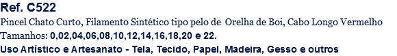 Ref. C522
Pincel Chato Curto, Filamento Sintético tipo pelo de Orelha de Boi, Cabo Longo Vermelho
Tamanhos: 0,02,04,06,08,10,12,14,16,18,20 e 22.
Uso Artístico e Artesanato - Tela, Tecido, Papel, Madeira, Gesso e outros