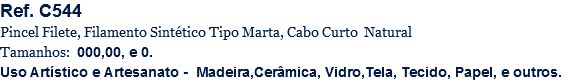 Ref. C544
Pincel Filete, Filamento Sintético Tipo Marta, Cabo Curto Natural
Tamanhos: 000,00, e 0.
Uso Artístico e Artesanato - Madeira,Cerâmica, Vidro,Tela, Tecido, Papel, e outros.