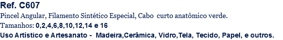 Ref. C607
Pincel Angular, Filamento Sintético Especial, Cabo curto anatômico verde.
Tamanhos: 0,2,4,6,8,10,12,14 e 16
Uso Artístico e Artesanato - Madeira,Cerâmica, Vidro,Tela, Tecido, Papel, e outros.